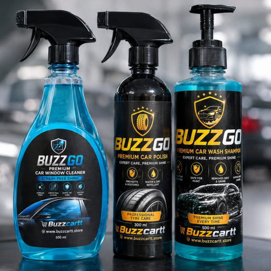 BUZZGO Car & Bike Care 3-in-1 Kit | Car Shampoo + Tyre Polish + Window Cleaner | Pack of 3