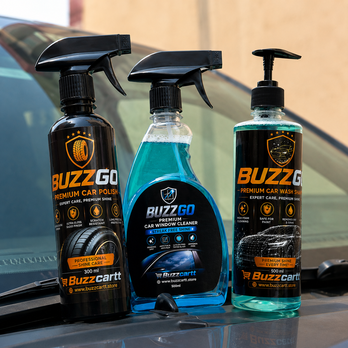 BUZZGO Car & Bike Care 3-in-1 Kit | Car Shampoo + Tyre Polish + Window Cleaner | Pack of 3