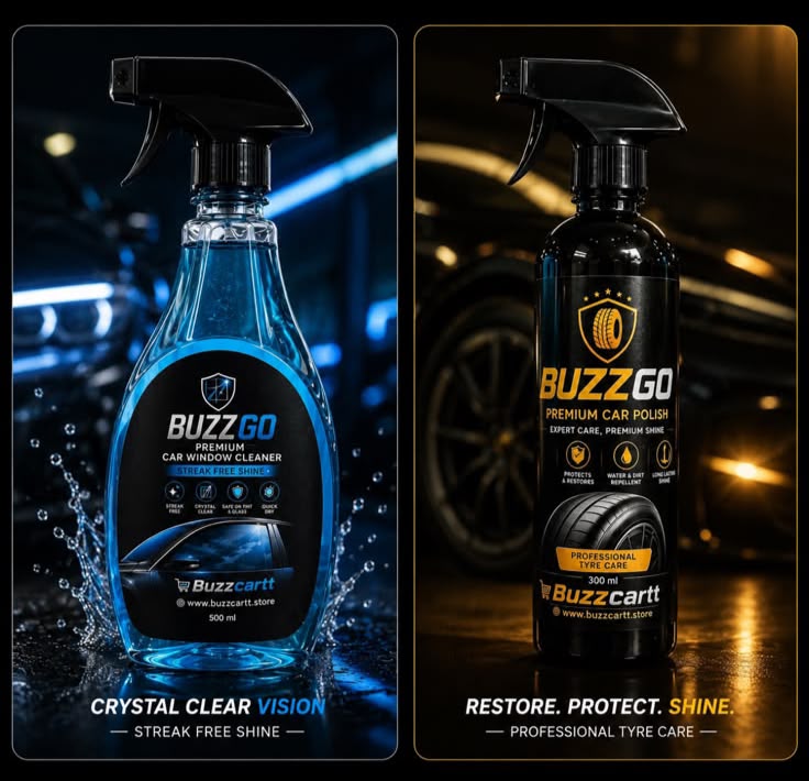 BUZZGO Car & Bike Care 3-in-1 Kit | Car Shampoo + Tyre Polish + Window Cleaner | Pack of 3
